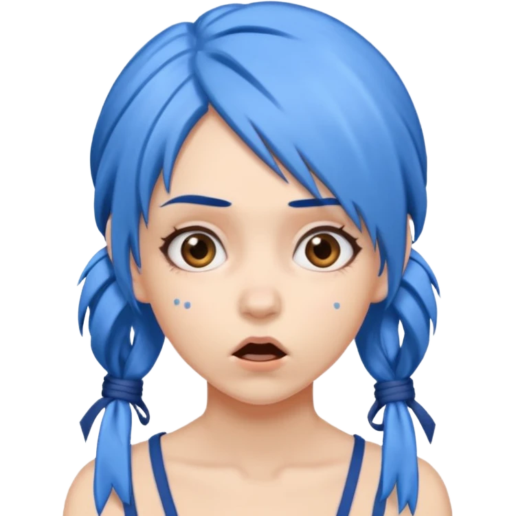 A woman with blue hair, tied up, with a surprised expression.g thoughtful. emoji