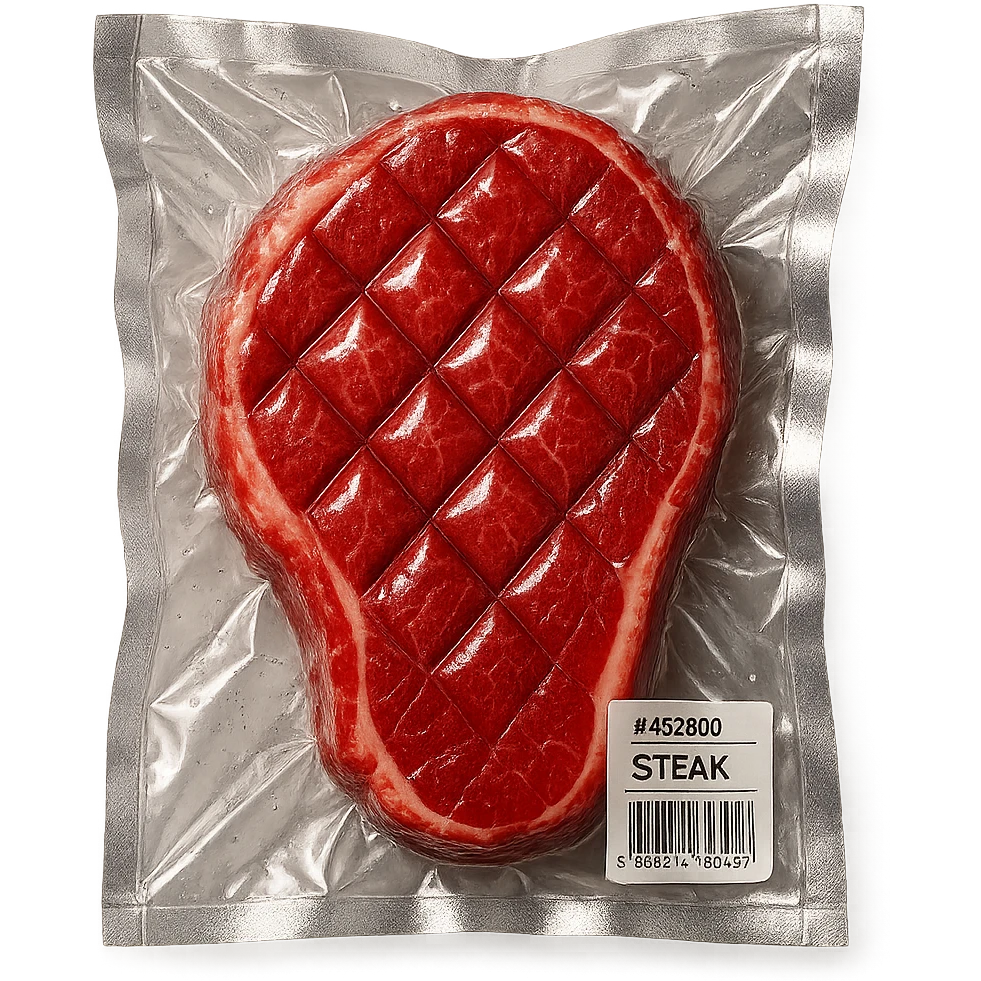 diamond-textured meat steak, shiny and inflated, vacuum-sealed style emoji