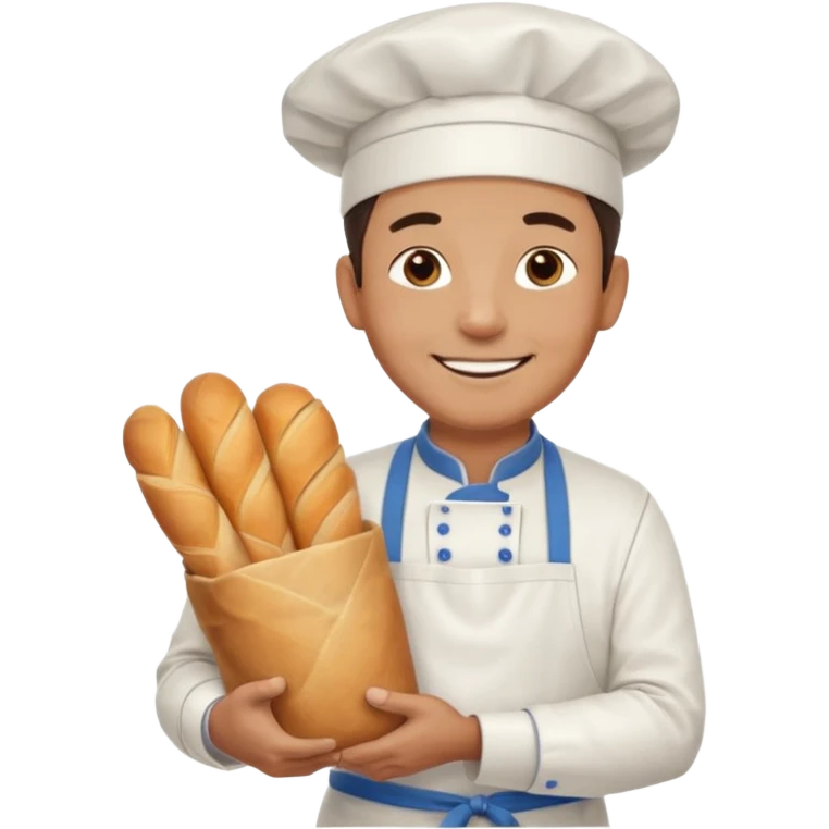 Middle aged male pastry chef - apron, white hat, holding a bag of bread emoji