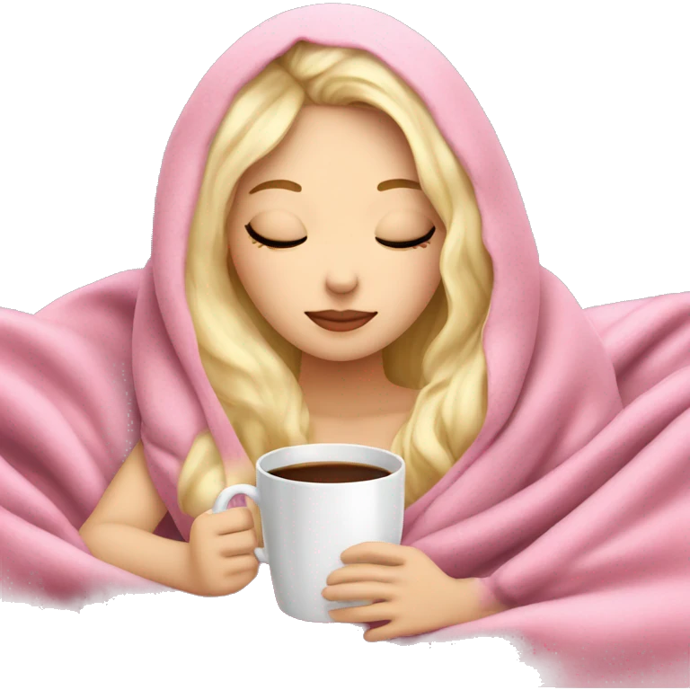 white blonde girl inside a pink blanket sipping coffee eyes closed emoji