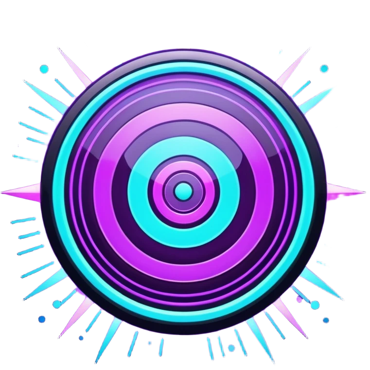 Futuristic glowing bullseye target emoji, neon purple and cyan holographic glow, dark background, digital tech style, abstract sparkles, no face. emoji