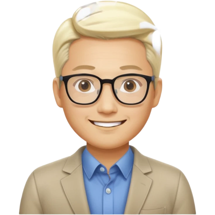 35-year-old Asian man, consultant, big glasses, short blond hair slicked back, smiling eyes emoji