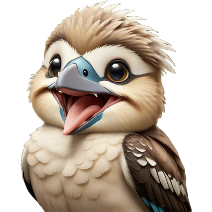 Cinematic Cute Yawning Kookaburra Portrait Emoji, Head tilted slightly with a dramatic, wide-open yawn, showcasing a soft, downy brown plumage with gently drooping wings and a relaxed beak, round eyes barely open in drowsy contentment, Simplified yet irresistibly adorable features, highly detailed, glowing with a soft, cozy glow, high shine, relaxed yet expressive, stylized with a touch of bushland charm, bright and endearing, soft glowing outline, capturing the essence of a sleepy yet affectionate kookaburra, so drowsy it feels like it could flutter out of the screen and curl up for a nap! emoji