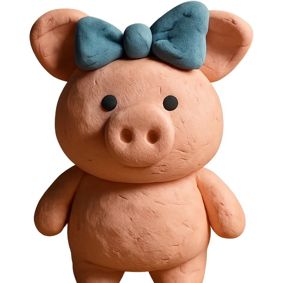 claymation style pig with a bow emoji