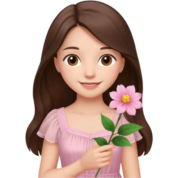 white brunette girl long hair with hazel eyes in light pink dress holding a flower emoji