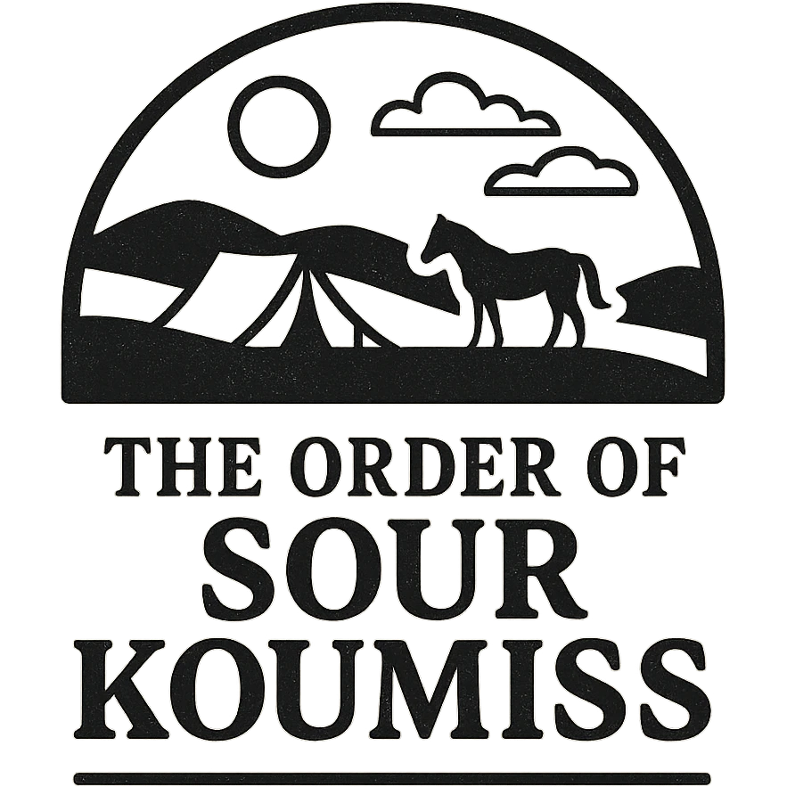 A black and white 90s-style logo for 'The Order of Sour Koumiss' with a vintage travel agency vibe, featuring a minimalist design emoji