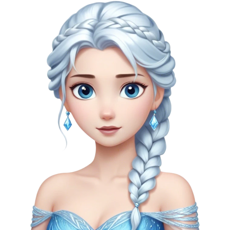 Cinematic Stunning Elsa Portrait Emoji, Ice-blue gown shimmering, platinum hair flowing in a graceful braid, piercing blue eyes glowing with icy magic, an aura of regal power and breathtaking beauty, frozen elegance at its finest! emoji