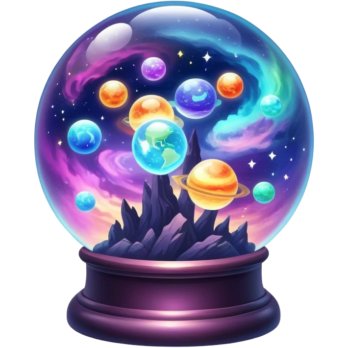 Tiny mystical mysterious sparkly cloudy magical glowing spherical nebula planets inside a glass globe dome emoji