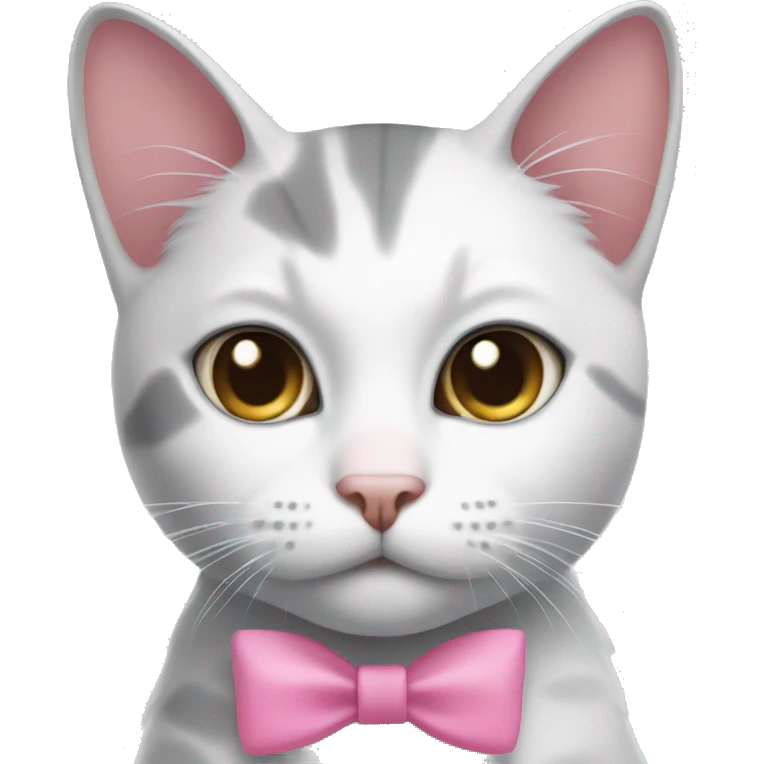 White and gray cat with a pink bow on the right ear emoji