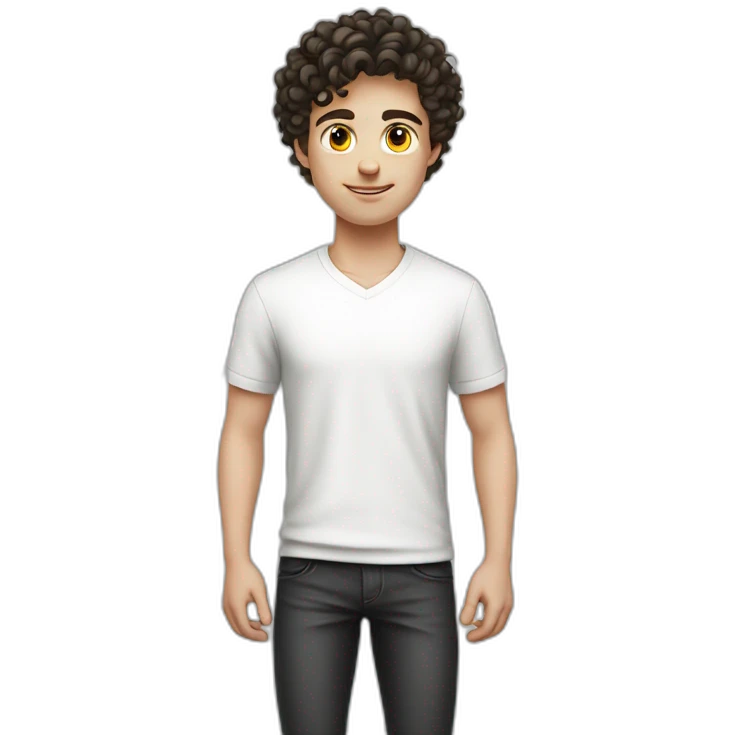 young white European guy with a white shirt and curly black short hairs emoji
