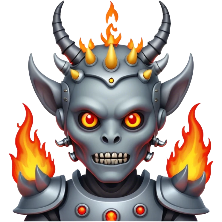 Evil demon with horns and fire crown and robotic alien features emoji