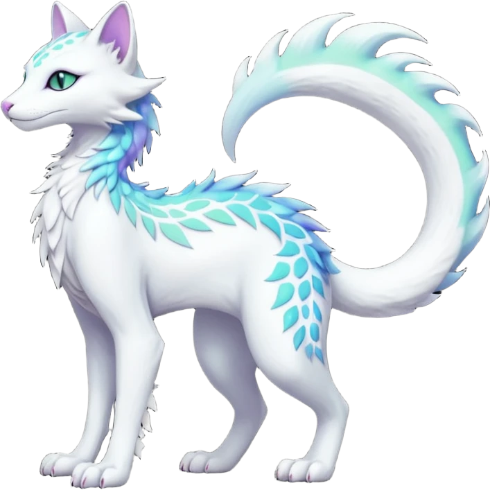 Kawaii white iridescent edgy fantasy feline-vernid-sergal-fursona animal creature with a tufted tail full body with intricate markings  emoji