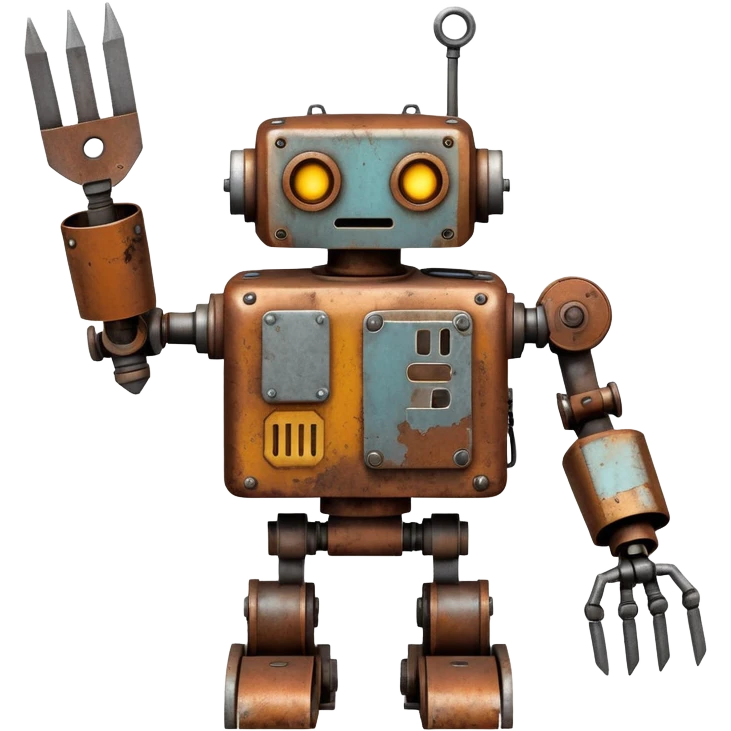 Rusted scavenger robot with patchwork body plates and collection tools attached emoji