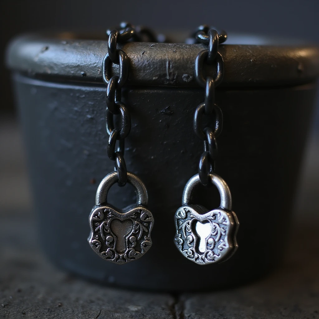 realistic goth earrings, black chain with padlock, punk gothic, metallic shine emoji