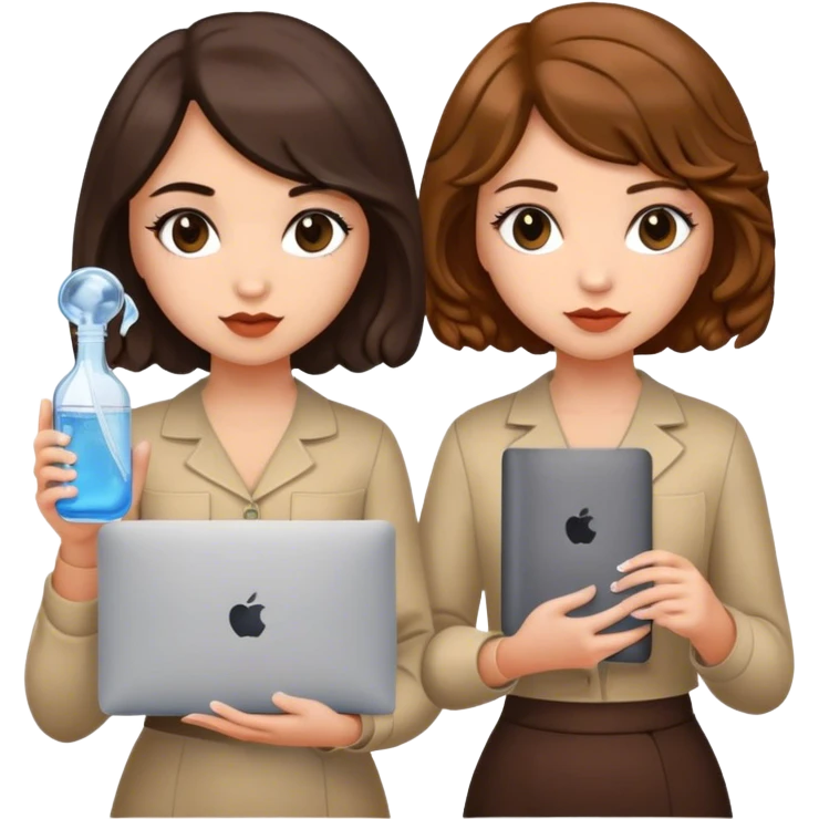 two girls in full height, 
the first girl with a bob, she has dark russian hair, her hair is wavy, she holds a macbook in one hand. 
The second girl holds a vial of water in her hand, the appearance of the second girl, she has medium length hair of russet colour. 
 emoji