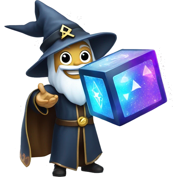 A playful wizard holding a glowing blockchain cube, with sparkles and a mischievous grin, symbolizing the magic of crypto emoji