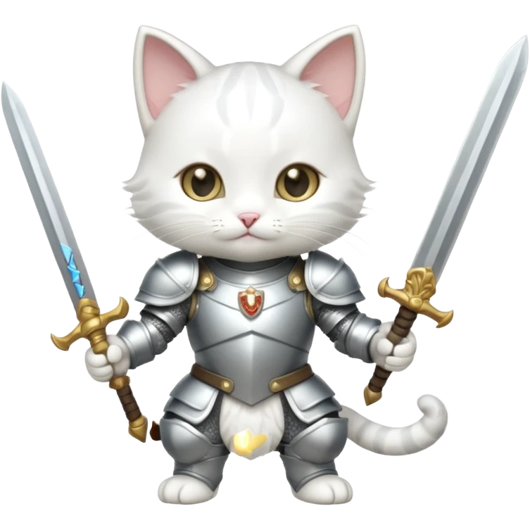 baby chibi white cat in silver armor, full body, smile, hold sword emoji
