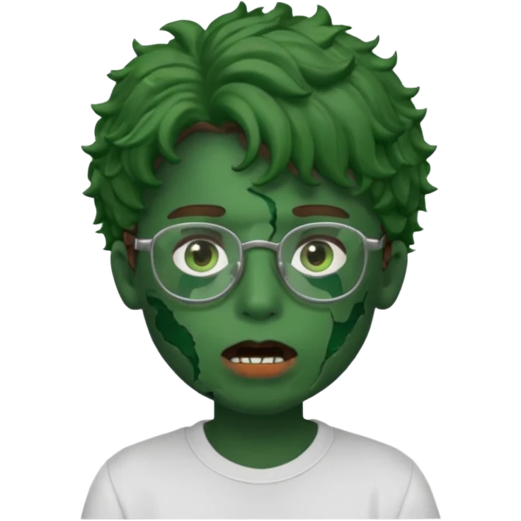 crie a imagem de um garoto com estilo memoji de iOS de pele esverdeada com machucados abertos na boca , cabelos cacheados castanhos e oculos. emoji