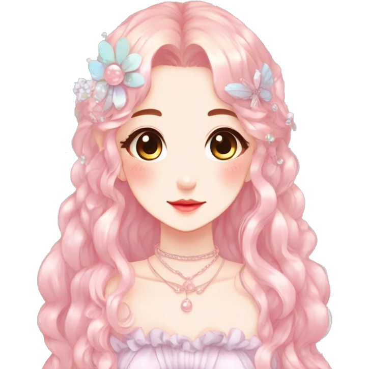 Gorgeous anime style lady with blushing face and accessories cottagecore fairycore Kawaii anime colorful pearly romantic aesthetic trending style emoji