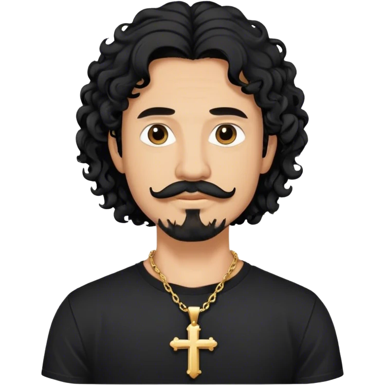 Long curly black hair guy, goatee and mustache with a cross neckless and a black tshirt emoji