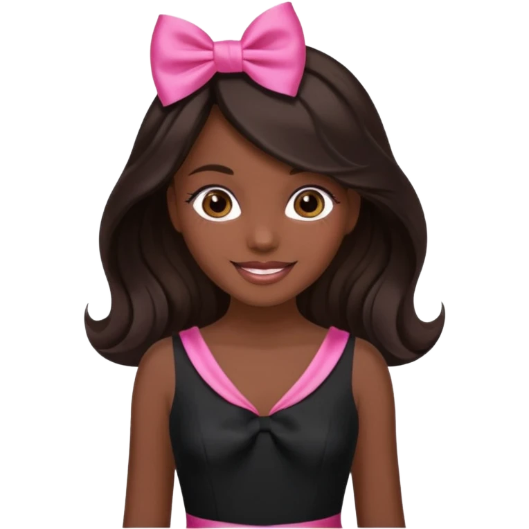 Create an emoji of a girl with dark skin, long dark brown hair with soft waves, a contoured face, brown eyes, wearing a black dress with a pink bow in the middle, and smiling. emoji
