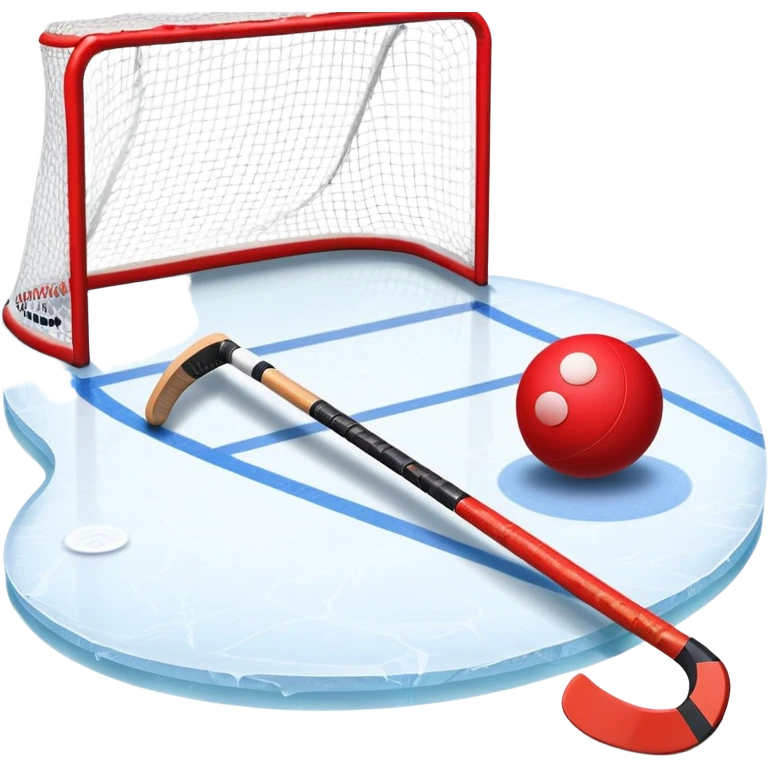 A red ball and hockey stick resting on an ice rink, with the goalposts and clear markings in the background. The scene captures the unique nature of field hockey with a ball on ice, emphasizing the speed and precision of the sport in a cold, competitive atmosphere. emoji