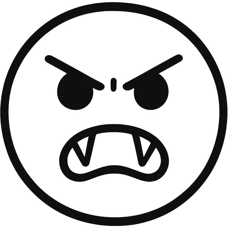 button with black outline, angry face with black eyes and fangs, hand drawn outlined icon emoji