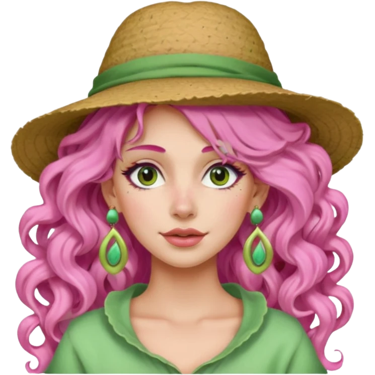 pink haired very long curly haired woman with full face light green clay mask  and big earrings and hat emoji