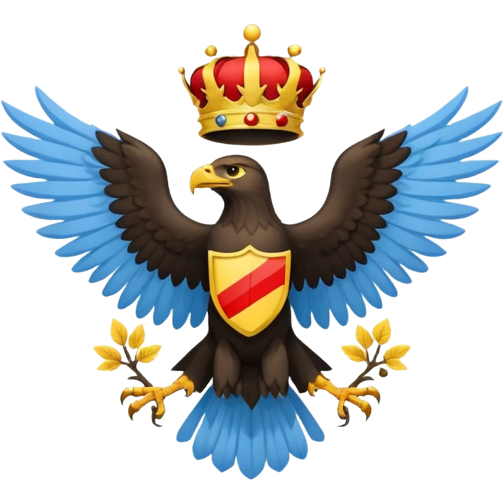 A light blue flag featuring a red and black horizontal stripe across the center. In the middle, a yellow circle contains a golden heraldic eagle with spread wings and a small crown above its head. Flat 2D vector style. emoji