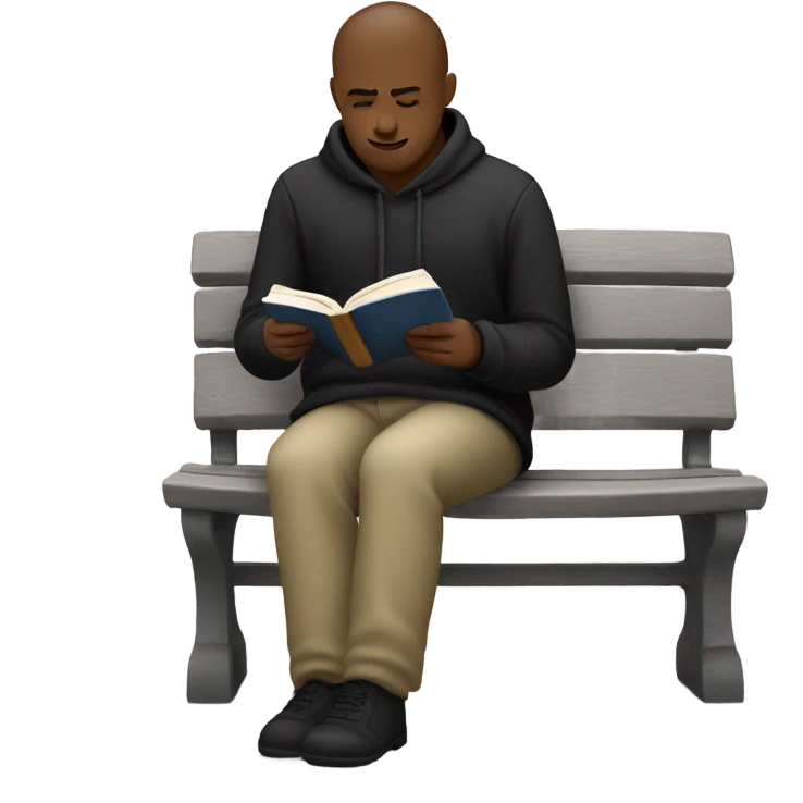white person sitting on bench wearing black trousers  reading a book  emoji