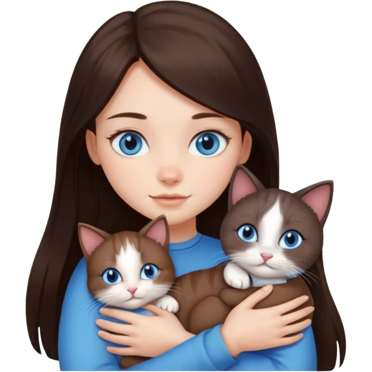 a pretty girl with long dark 
brown hair, with blue eyes, hugs 3 different natural coloured small cats emoji