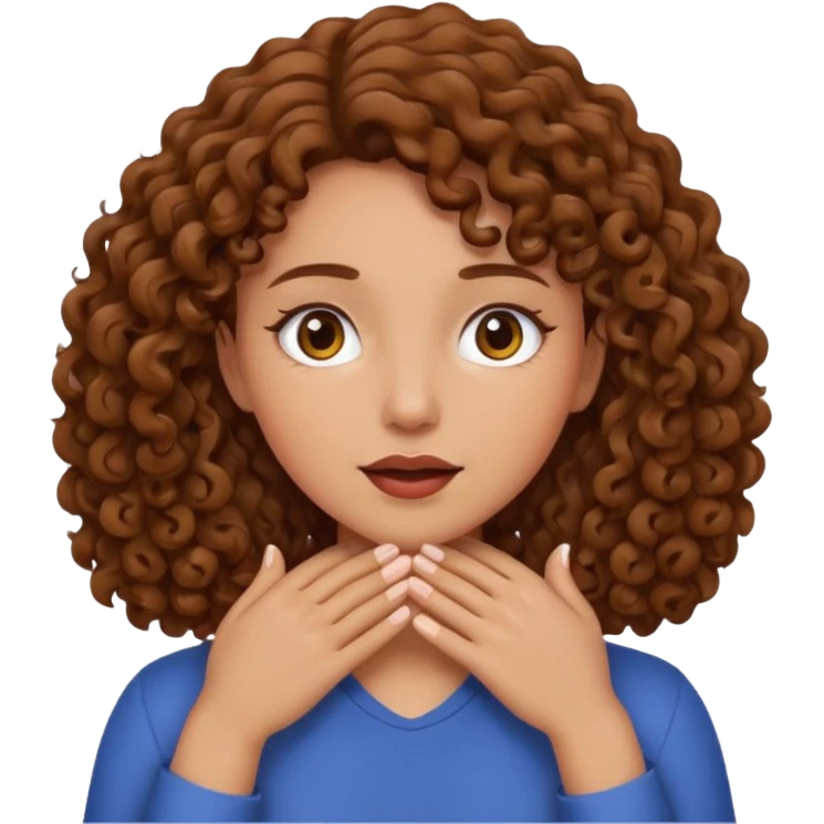 woman with brown curly hair with two hands around throat emoji