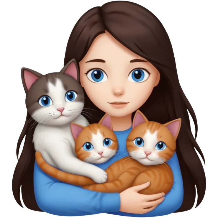 a girl with long dark 
brown hair, with blue eyes, hugs 3 different natural coloured cats emoji