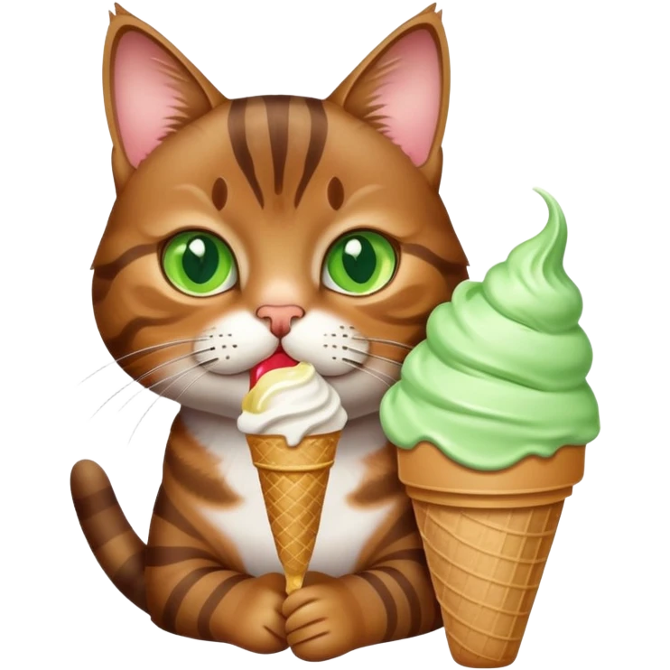brown tabby cat with green eyes eating ice cream emoji