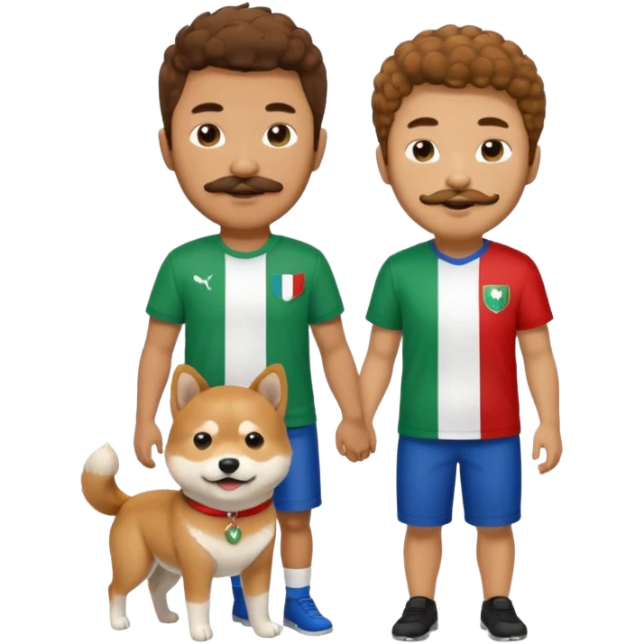 Italy flag shirt boy with mustache beard brown curly hair next to Shiba Inu emoji