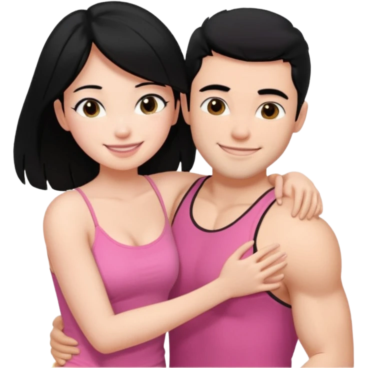 a pretty bratz fair girl. black hair, wearing a pink cami top hugging a handsome fair guy with black hair. lean but muscular emoji