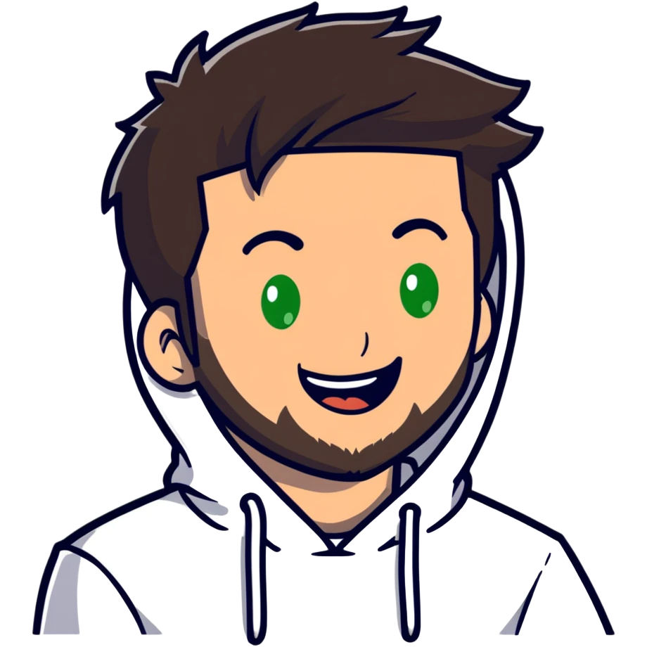 laughing guy with white hoodie, white t-shirt underneath, green eyes, dark brown undercut hairstyle and a short full beard emoji