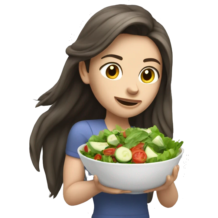 Muscle long hair brunette girl with pale skin eating salad emoji
