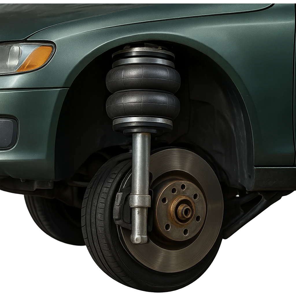 Make this car air suspension illustration look more realistic, with metallic textures, accurate lighting, and detailed components. Keep the background transparent. emoji
