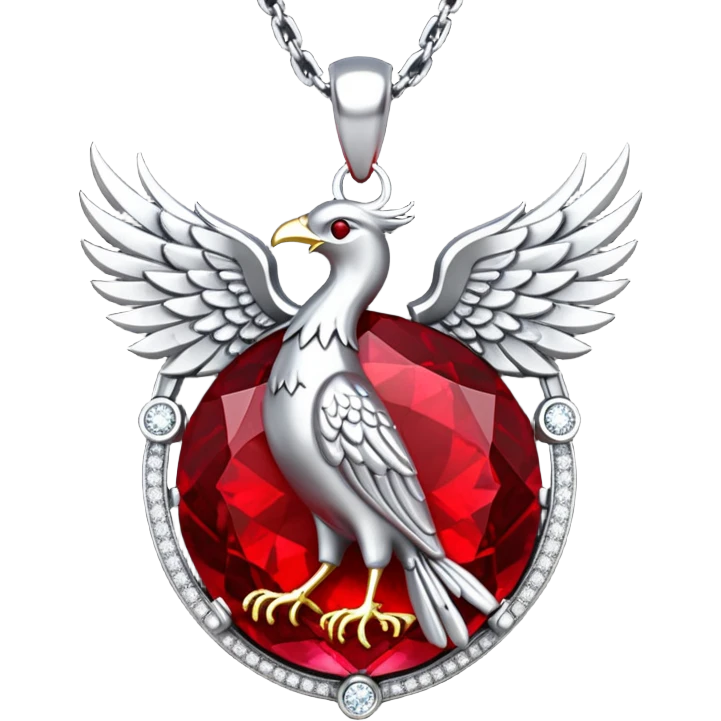 phoenix-inspired ruby pendant, deep red with a pulse of light, silver chain and white stone halo emoji