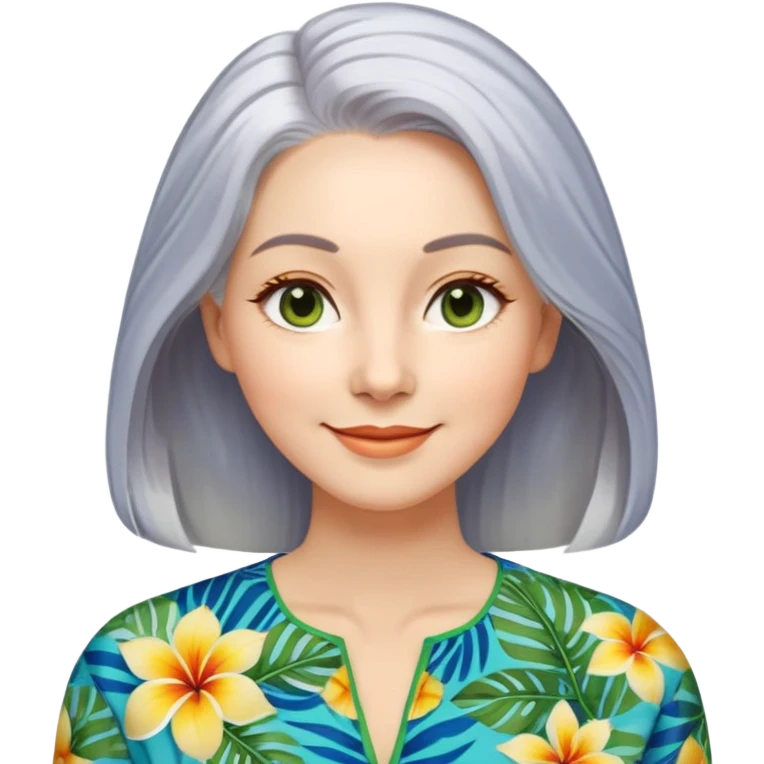 A woman with light complexion, an oval face with soft rounded features, full cheeks, gentle almond-shaped eyes with subtle smile lines, very long silver-gray hair parted to the side and styled loosely, wearing a vibrant tropical print blouse in blue, green, and yellow, exuding warmth and joy emoji