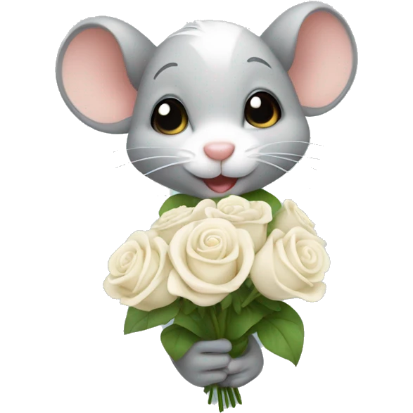 Cute mouse holding white rose bouquet  emoji