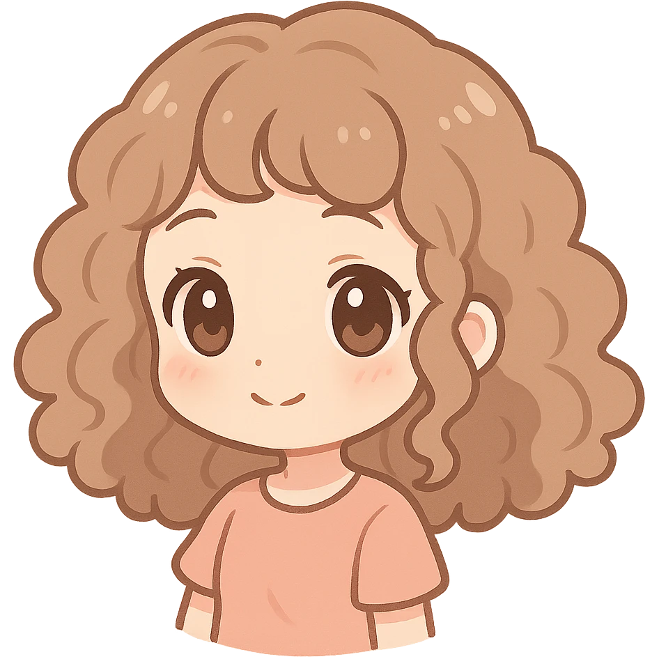 white girl with light brown curly hair, big eyes, chibi style emoji