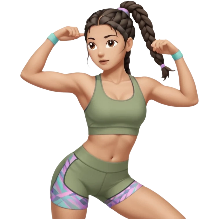 Athletic woman mid upper-body stretch, lean toned physique, defined legs and core, wearing a pastel sports bra and high-waisted patterned workout shorts, dark hair in two braids olive skin, focused expression, natural lighting emoji