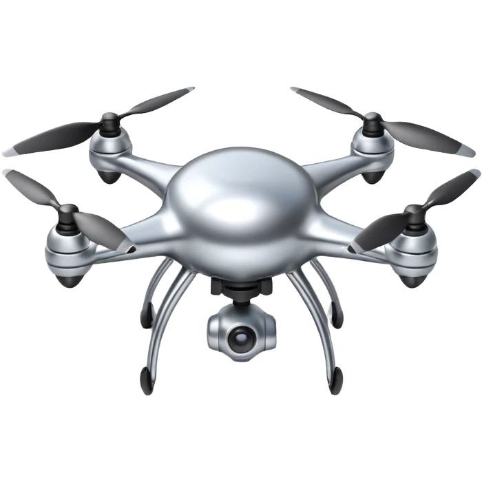 A futuristic drone emoji made of polished silver chrome, smooth rounded body, minimal propellers, reflective metallic surface, soft studio lighting, iOS emoji style, centered, clean white background emoji