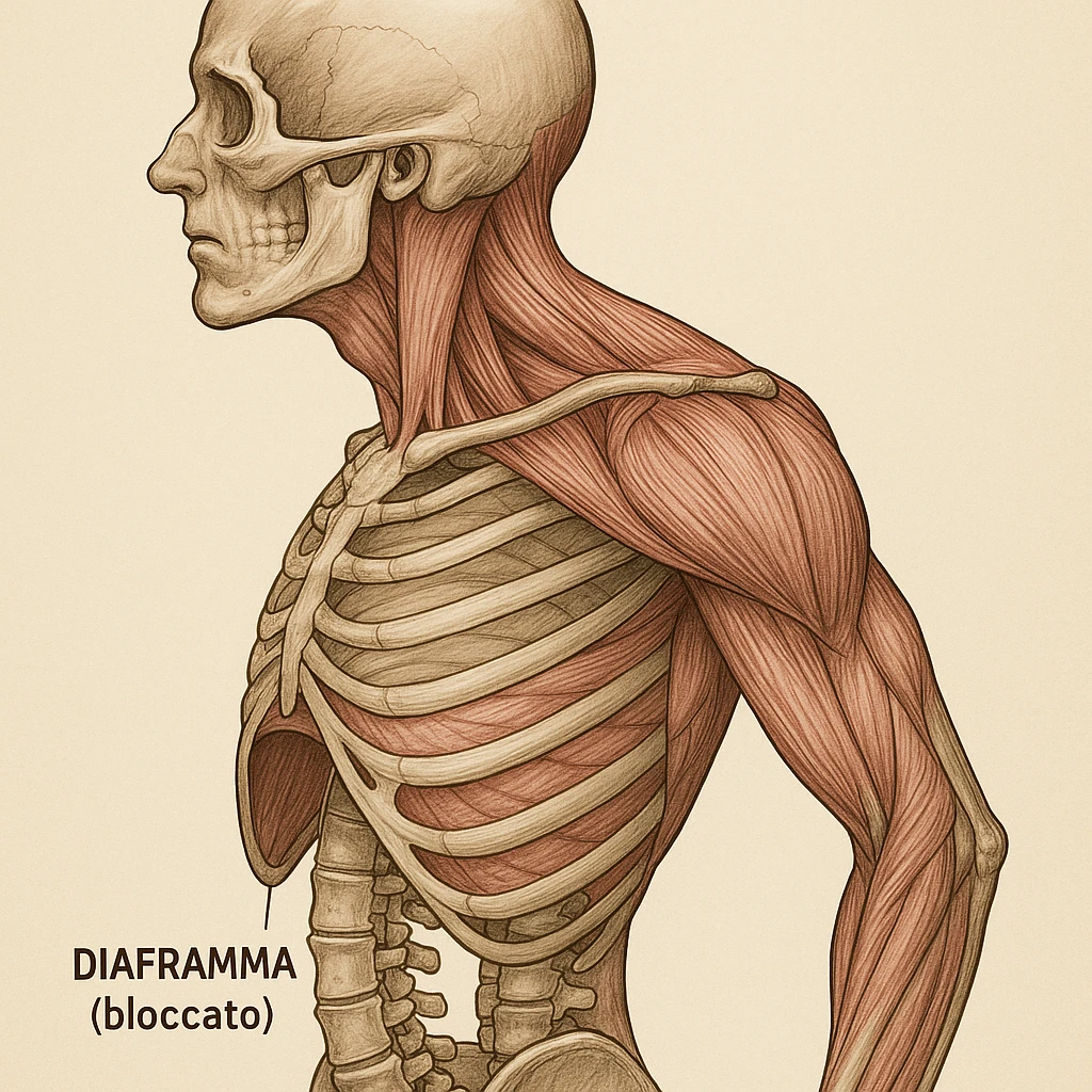 vista laterale del busto umano con diaframma bloccato, muscoli del trapezio e sternocleidomastoideo tesi, scapole evidenziate, didascalia in italiano emoji