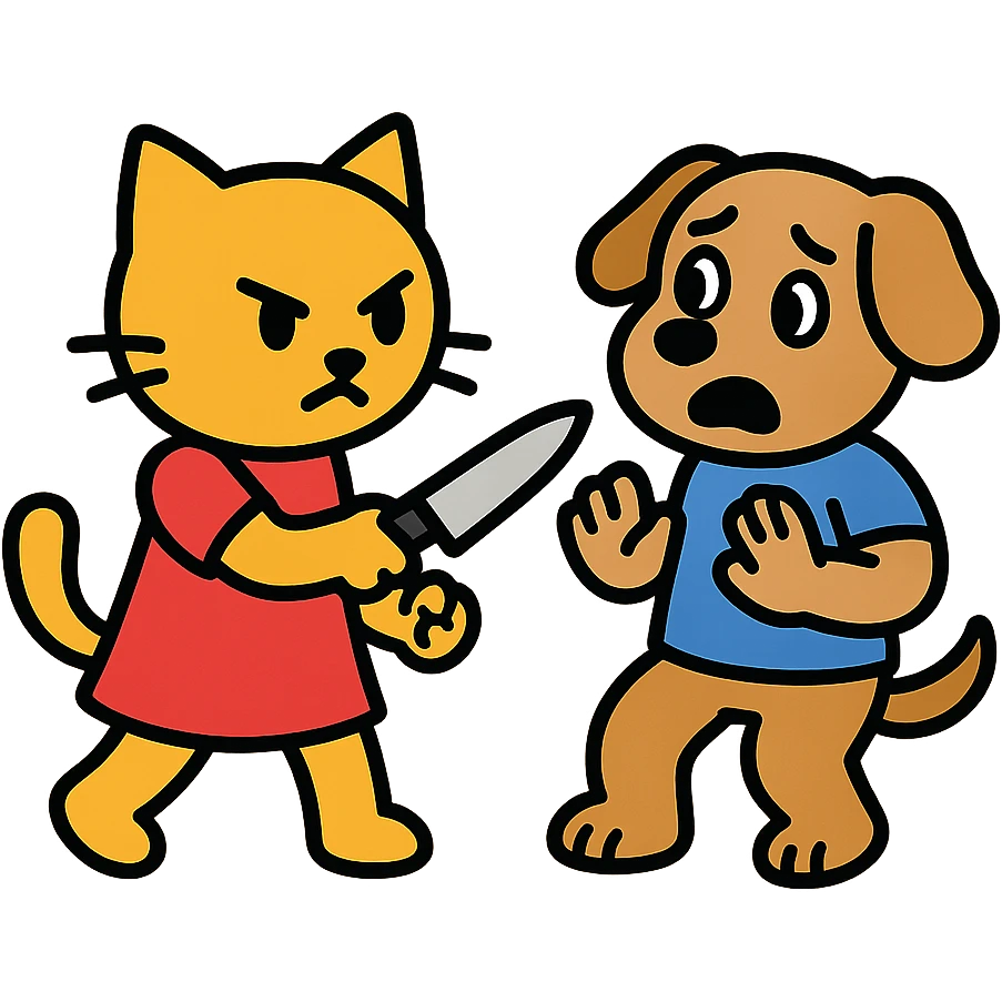 a girl kitty cat holding a knife, attacking a boy dog emoji