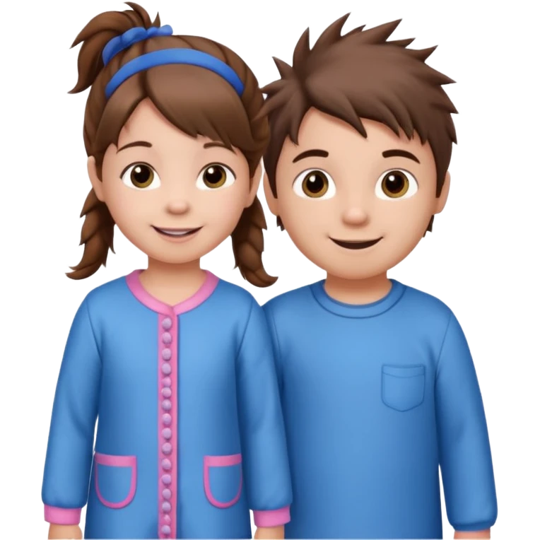 A toddler girl with brown hair with two pig tails, wearing pink pajamas and a bigger 4 year old boy with spikey brown hair, wearing blue pajamas. Both light skin and smiling.  emoji