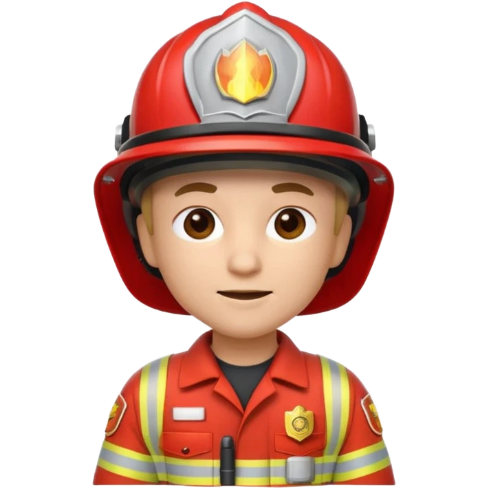 3D cartoon-style firefighter in the Apple emoji style, wearing a bright red fireproof uniform and matching helmet emoji