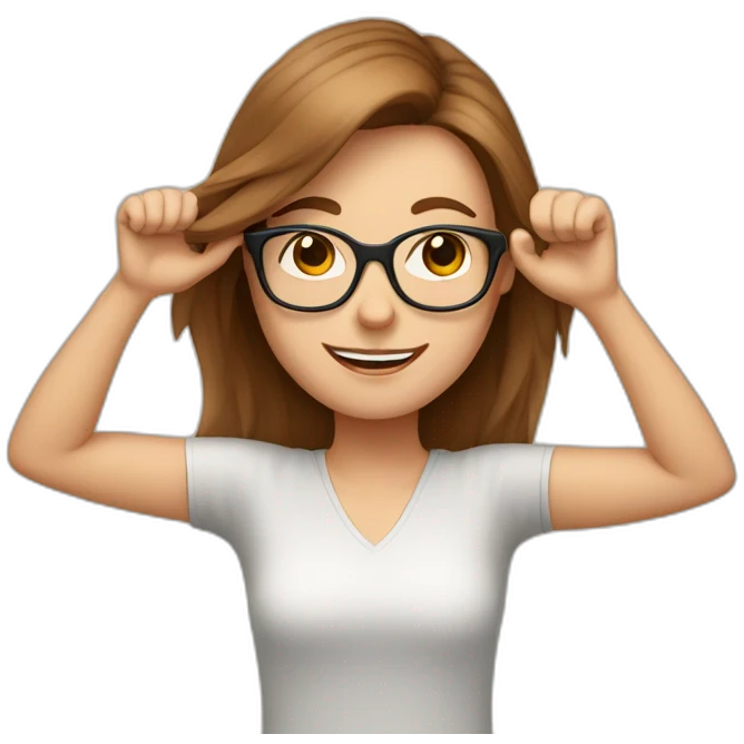 white girl with glasses and brown hair celebrating arms up emoji